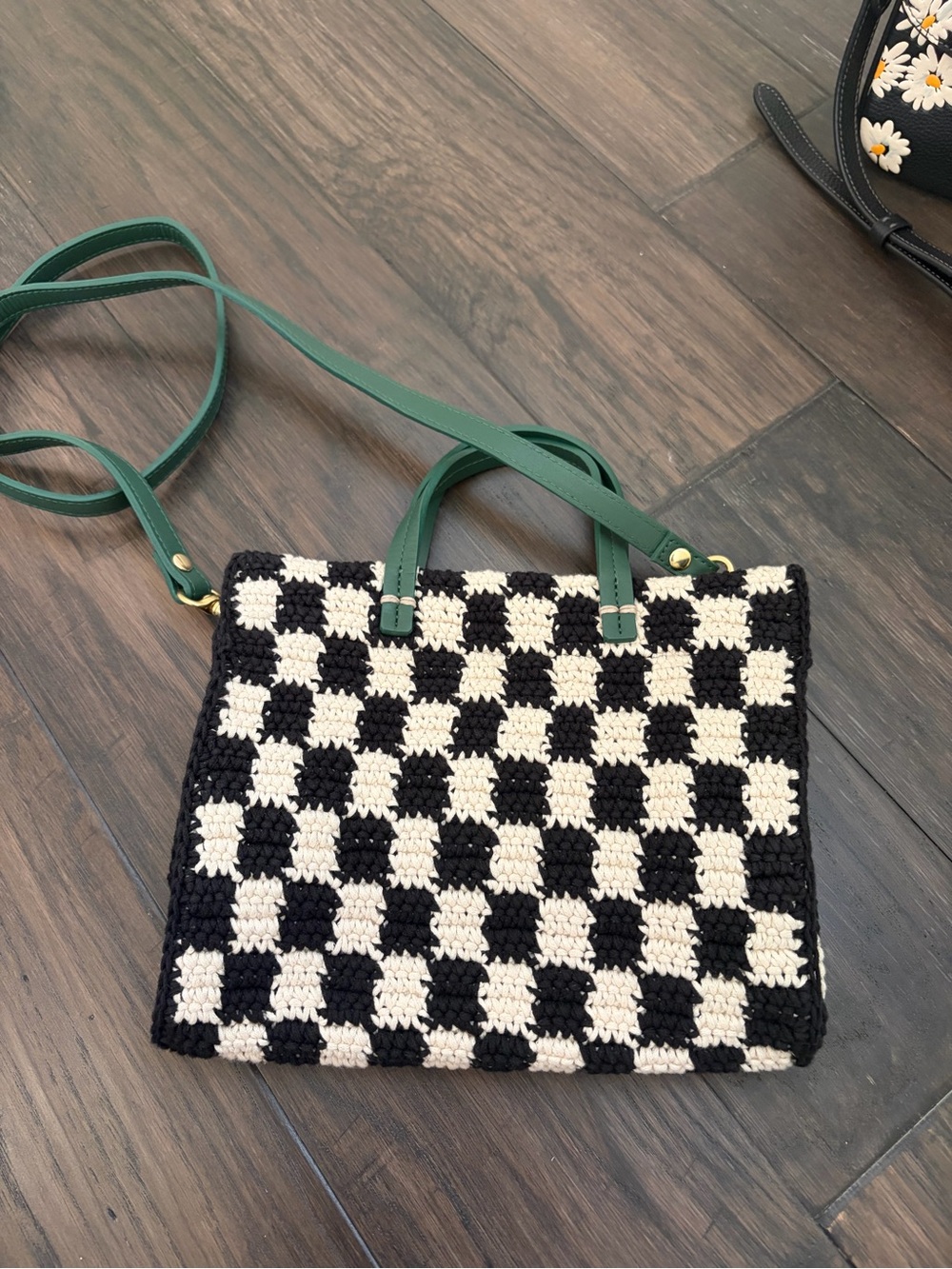 Checkerboard Woven Crossbody Bag with Green Strap